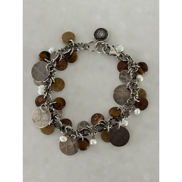 Silpada B1853 Silver Brass Copper Disc Pearl Tiger Eye Cha-Cha Link Bracelet - Picture 2 of 3